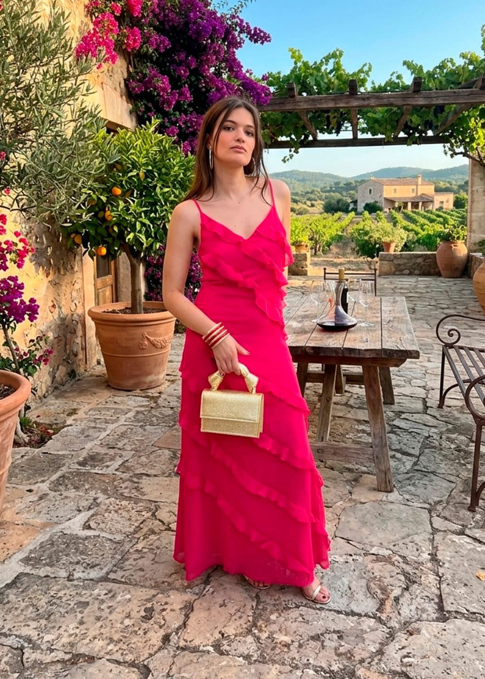 Prenda color rosa, look 1
